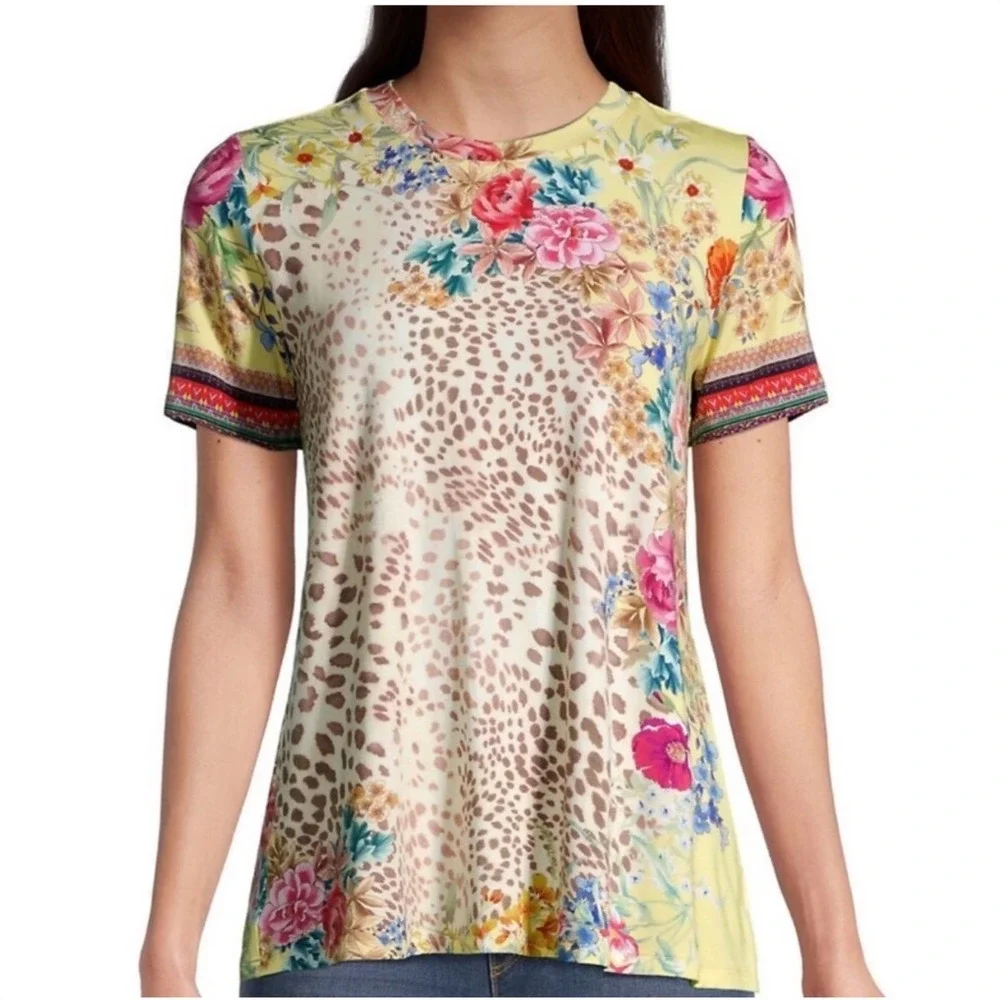 Johnny Was Yellow Floral Leopard Bamboo Short Sleeve Tee Womens Medium